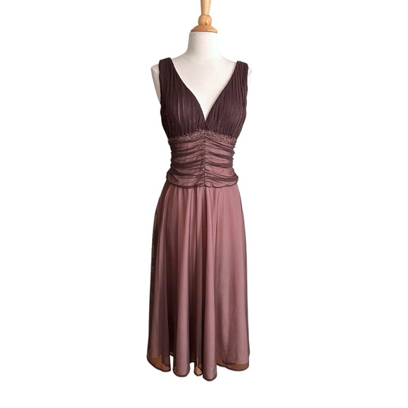 David’s Bridal Y2K Pink & Brown Beaded Mesh Empire Waist Dress Fairycore Sz 12 - Picture 1 of 16